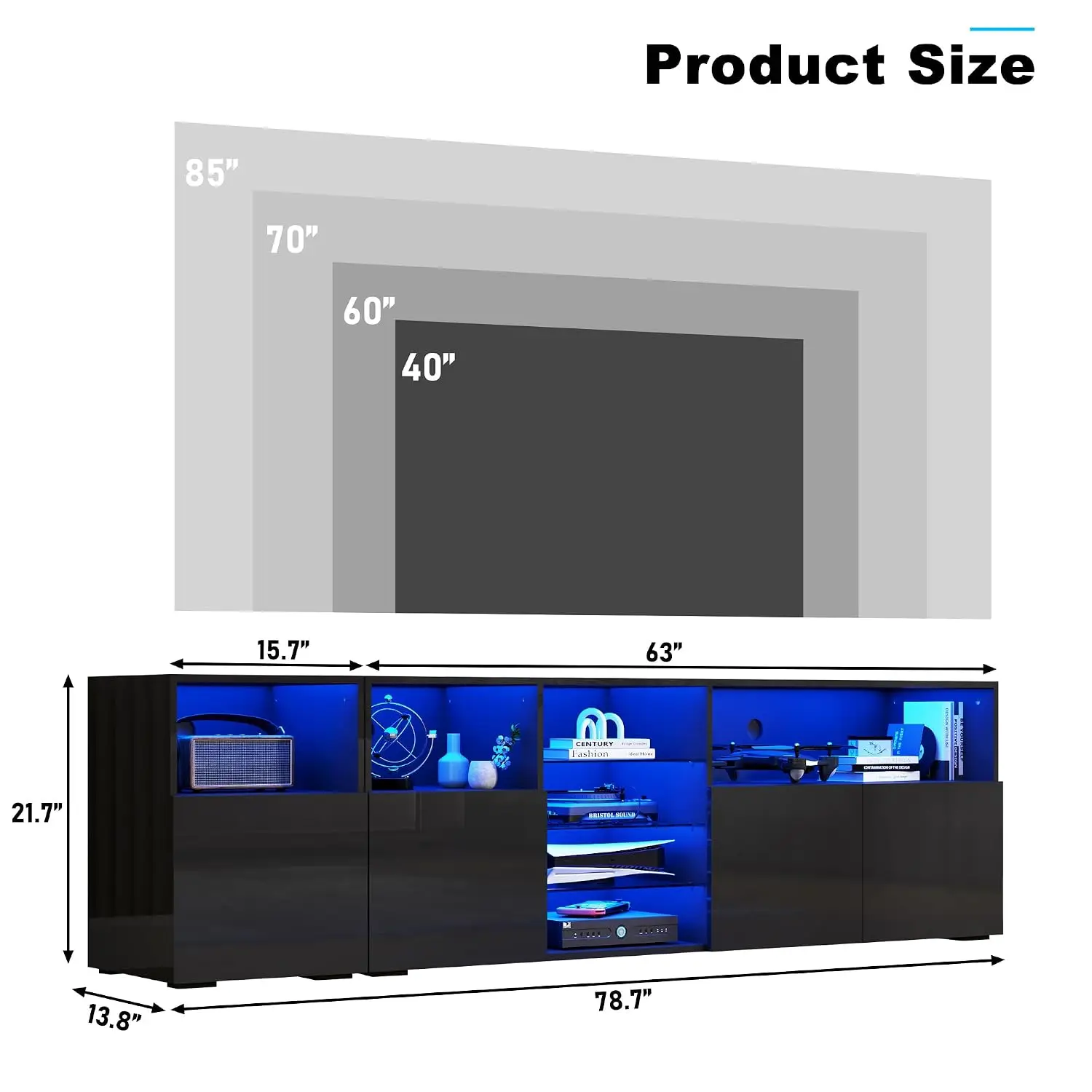 LED TV Stand 85 Inch with Power Outlet, High Glossy Entertainment Center Storage LED Lights Living Room Bedroom, Customized