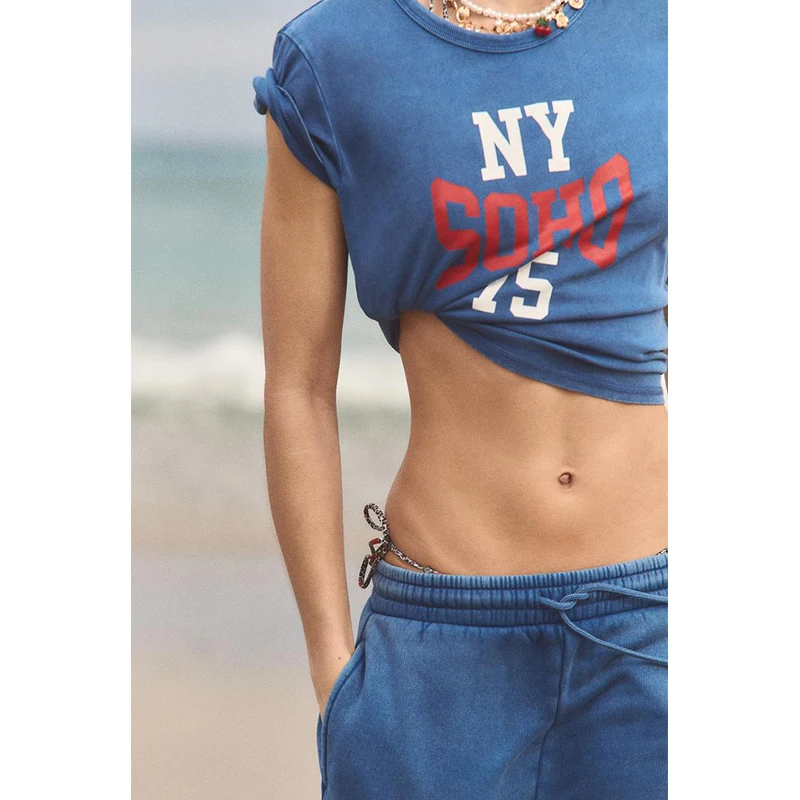 Cseta de Manga Corta con Cuello Redondo y Estampado Estilo Universitario para Mujer, Primavera-Verano, Nueva, Efecto d...