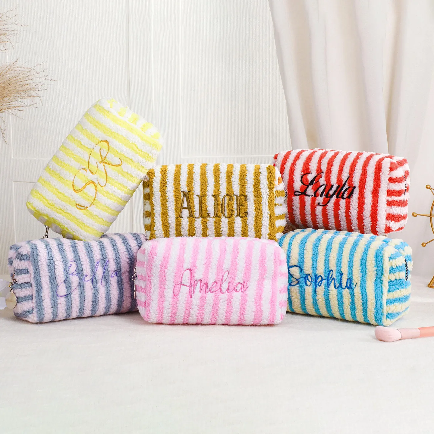 Custom Embroidered Seersucker Makeup Bag Large Striped Quilted Cosmetic Pouch Travel Toiletry Organizer Bridesmaid Wedding Gift