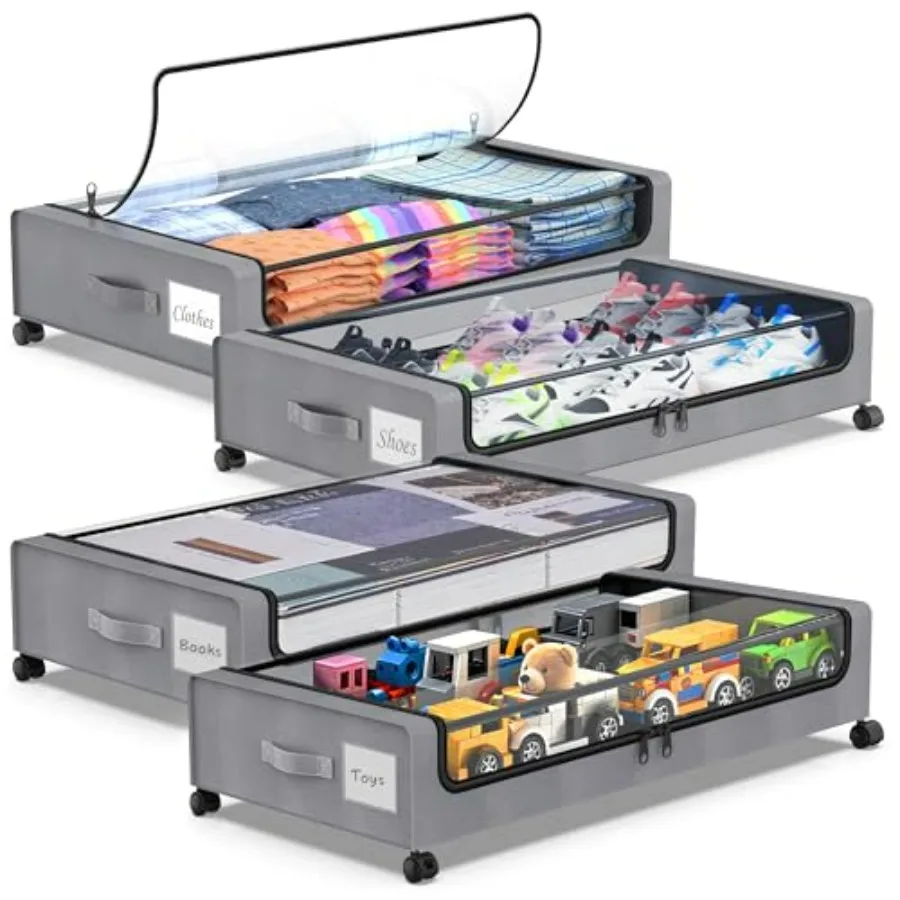 

Комплект из 4 контейнеров Beborxue для хранения под кроватью с колесиками, прозрачными крышками, XXL 60 л, металлические выдвижные ящики на колесиках для хранения вещей