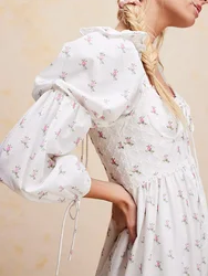 Women’s Casual Dress Long Puff Sleeve Cross Tie-up Front Floral Print A-Line Dress High Split Dress