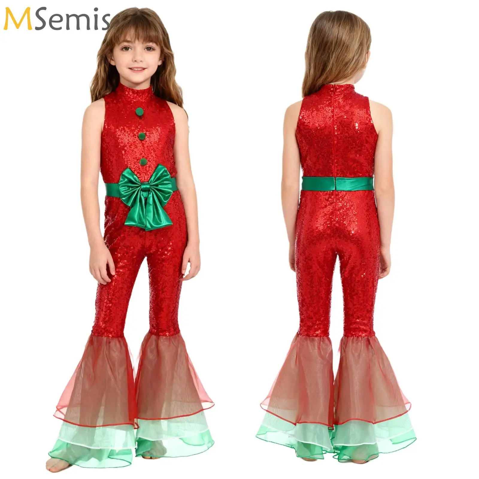 زي مسابقة الرقص للفتيات الكبيرات على شكل قصب الحلوى لعيد الميلاد مع فيونكة وأرجل واسعة بطول كامل بدلة قفز Unitard #1