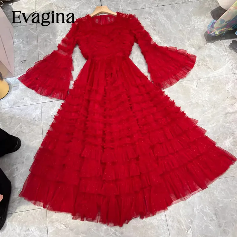 

Evagina New Fashion Runway Designer Women's Layered Ruffle Edge Flared Long Sleeved Apricot Colored Grace Dress