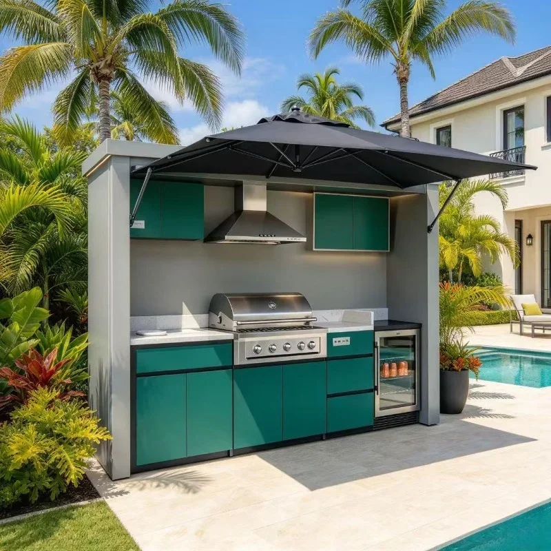 Modern Modular Outdoor BBQ Stainless Steel Kitchen Cabinet with Laminate Finish Faucet Hinge Grill and Sink