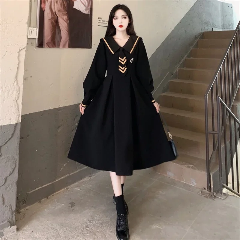 

College Style JK Black Dress Women Autumn Vintage Navy Collar Chiffon Long Sleeve Dresses Large Size M-4XL