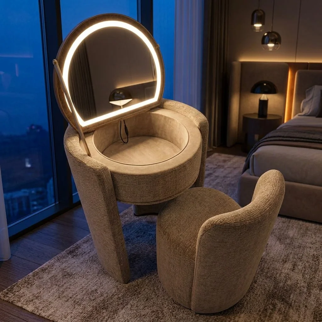 ^Modern Minimalist Flip Top LED Mirror Dressing Table Bedroom Furniture Set Luxury Upholstered Panel Vanity Makeup Table Storage