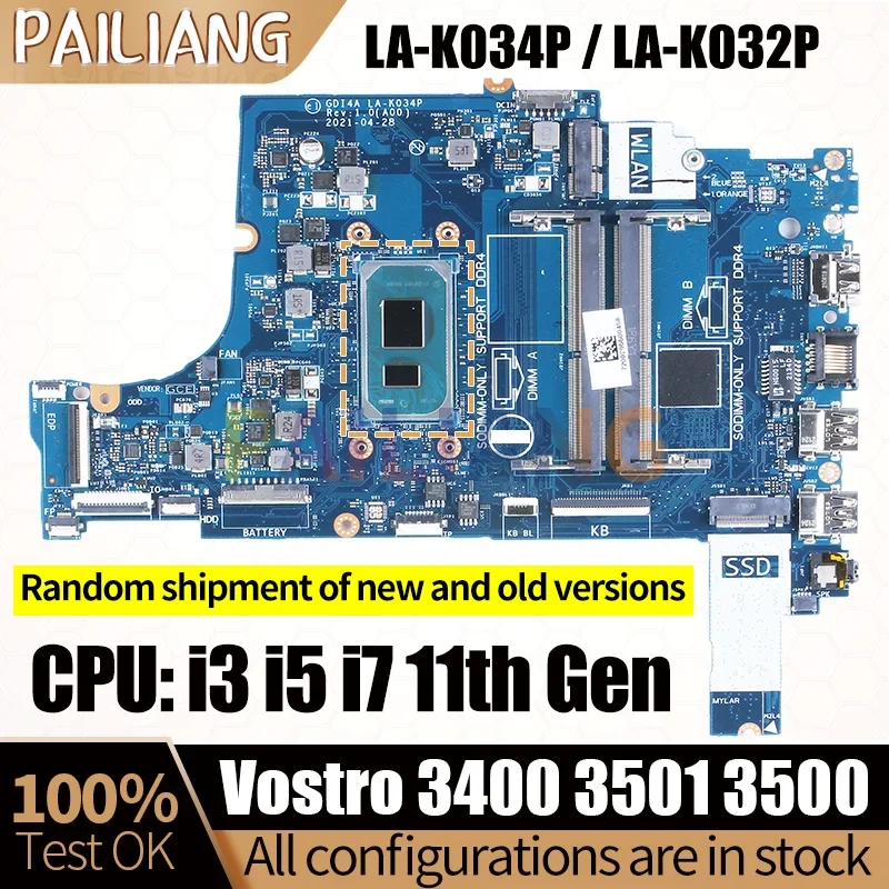

For Dell Vostro 3400 3501 3500 Notebook Mainboard LA-K034P/LA-K032P 0XGX0C 0FTXD9 i3 i5 i7 11th Gen Laptop Motherboard Tested