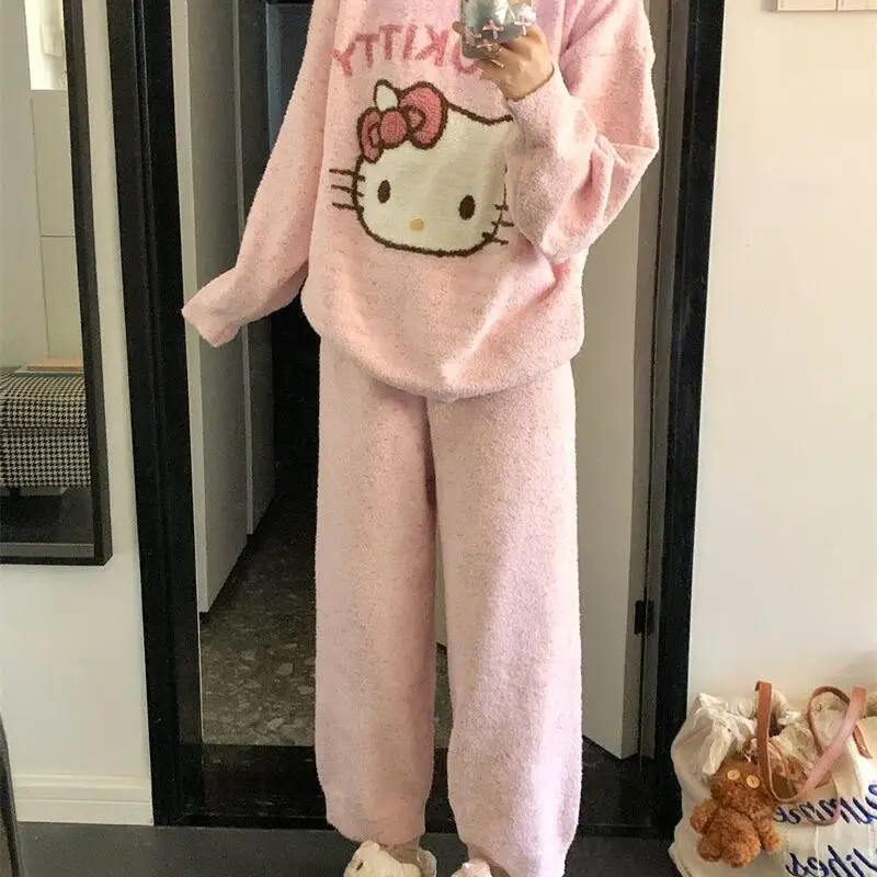 

Hello Kitty Coral Velvet Pajamas Sanrio Girl Home Clothes 2Pcs New Style Autumn and Winter Plus Velvet Thickened Flannel Hot Set