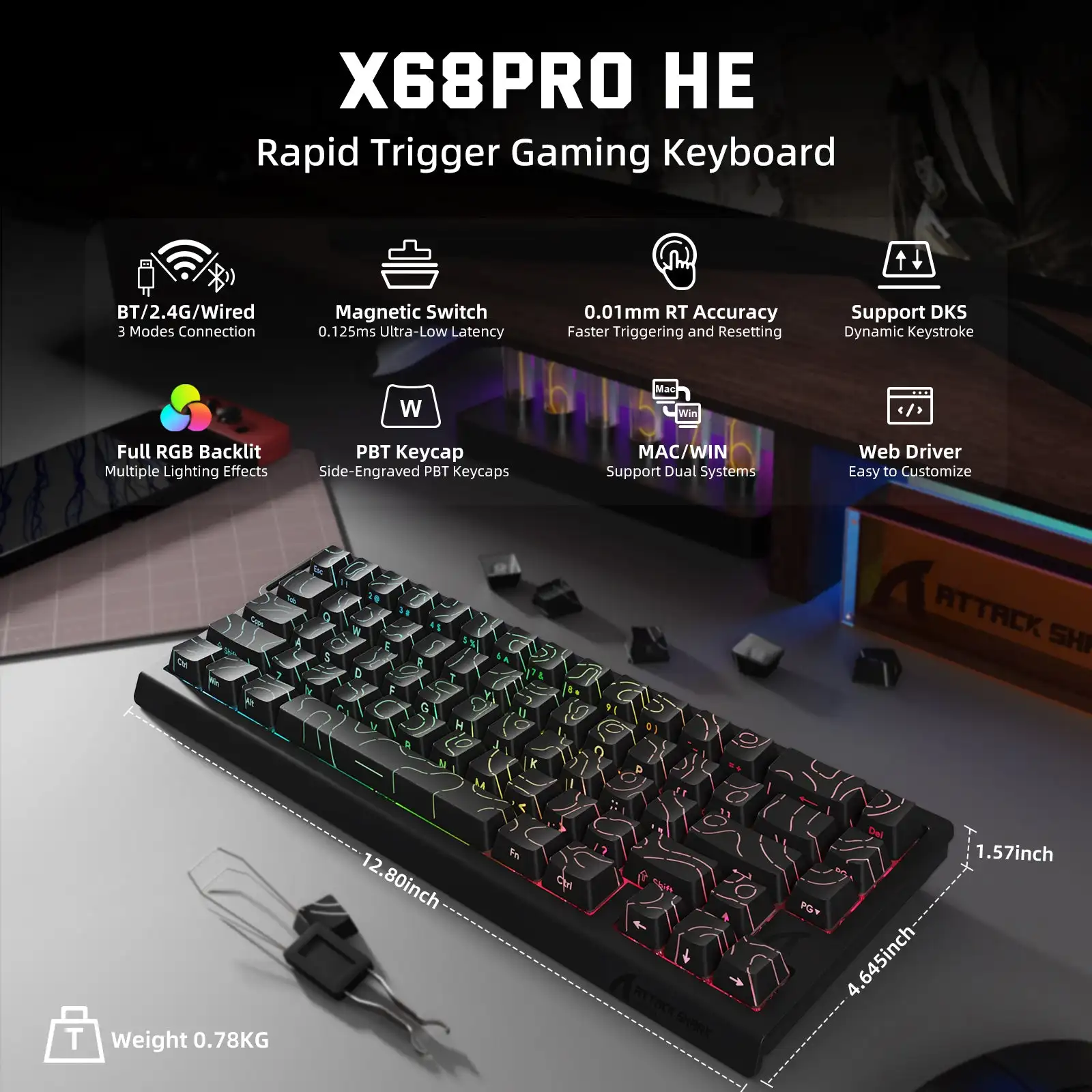 ATTACK SHARK X68 PROHE Magnetic Switch Wireless Keyboard 67KEYS 0.01mm Precision, 8KHz Polling,0.125ms Latency&RGB-5000mAh