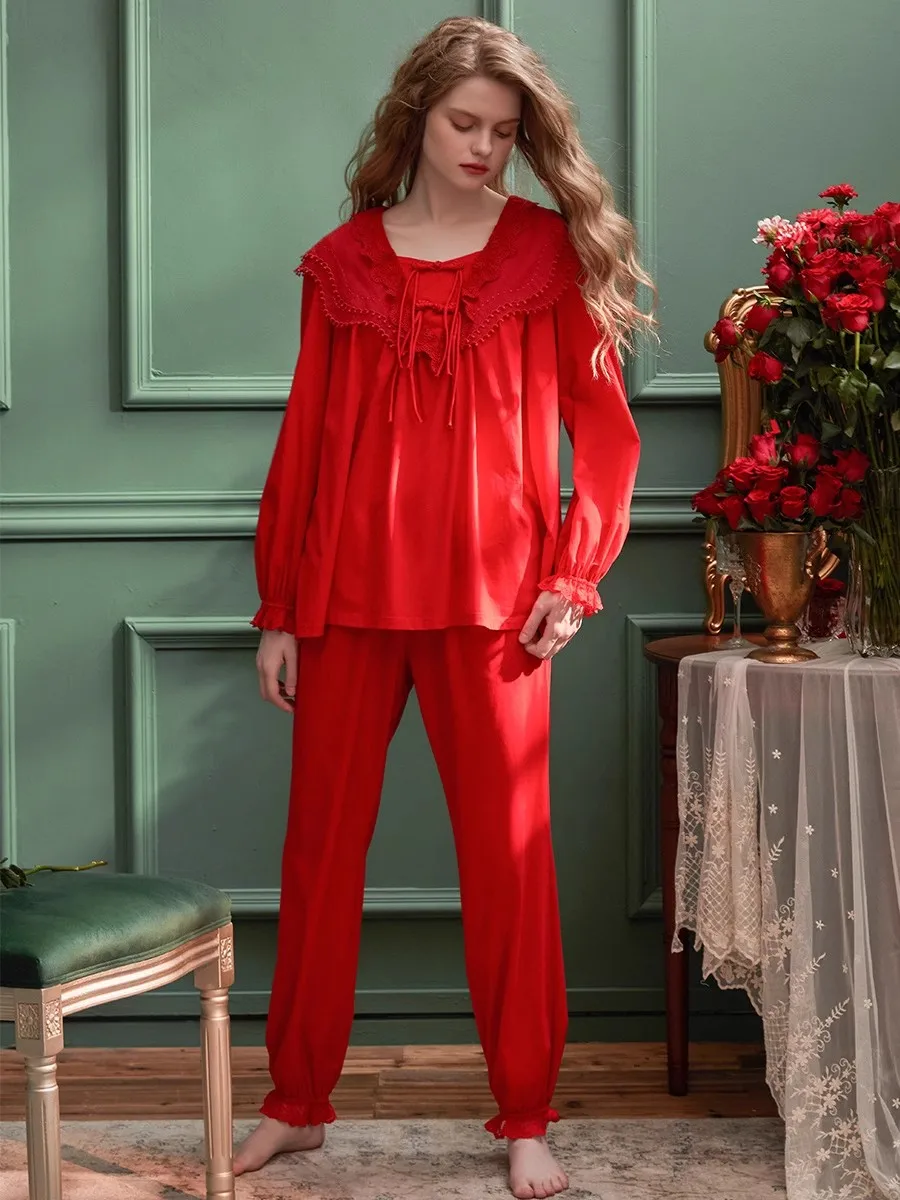 Vintage Red Cotton Pajamas Sets For Lady  Long Sleeve Spring Autumn Women Loose Bride Sleepwear Comfortable Home Clothes