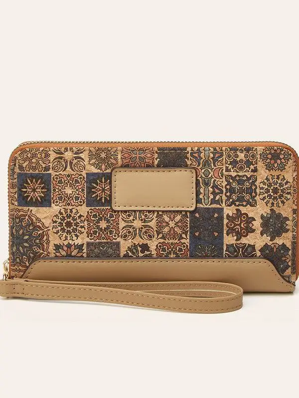 Cork Tree Bark Wallet Women's Multi-Card Handbag Artistic Retro Print Coin Purse Fashionable Functional Small Bag