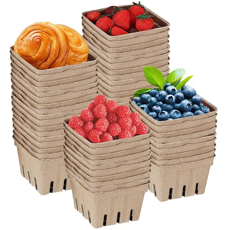 

Strawberry Picking Basket 50pcs Vegetables Pulp Fiber Basket Natural Berry Picking Pint Container For Farmers Market Display