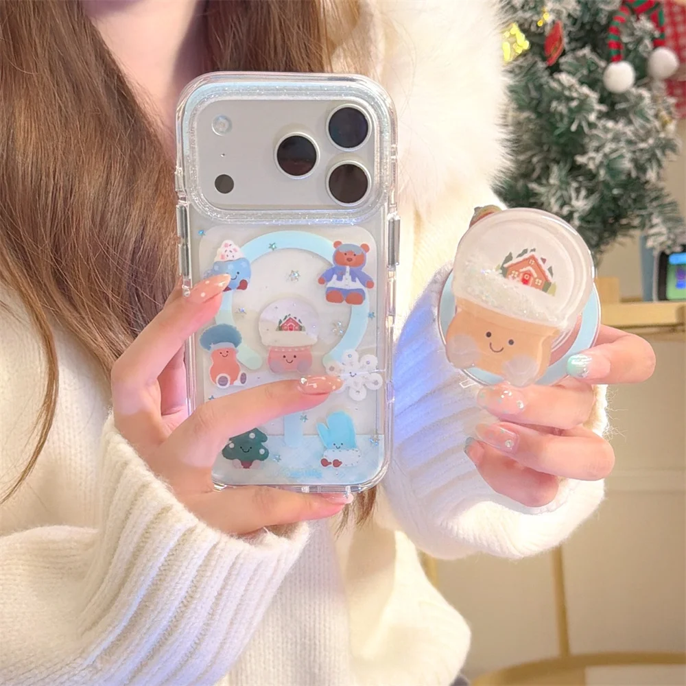 

Winter Cute Animal Magnetic Phone Case for iPhone 15 14 Pro 16 Pro Max 17 Cover Quicksand For Magsafe Holder Shockproof Cases