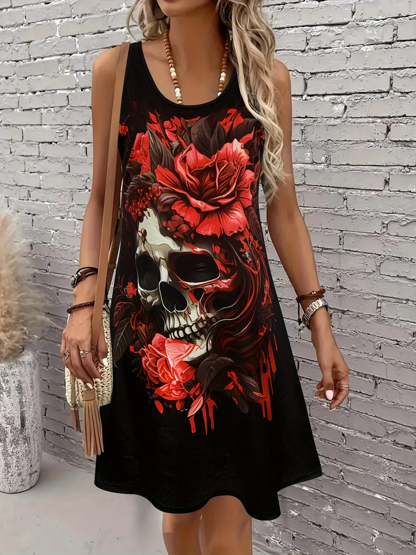 Damen Gothic Punk Floral Skull Graphic Print Ärmelloses Midikleid Lässige schwarze A-Linie Tank Kleider Frau Sommer Y2k Kleidung