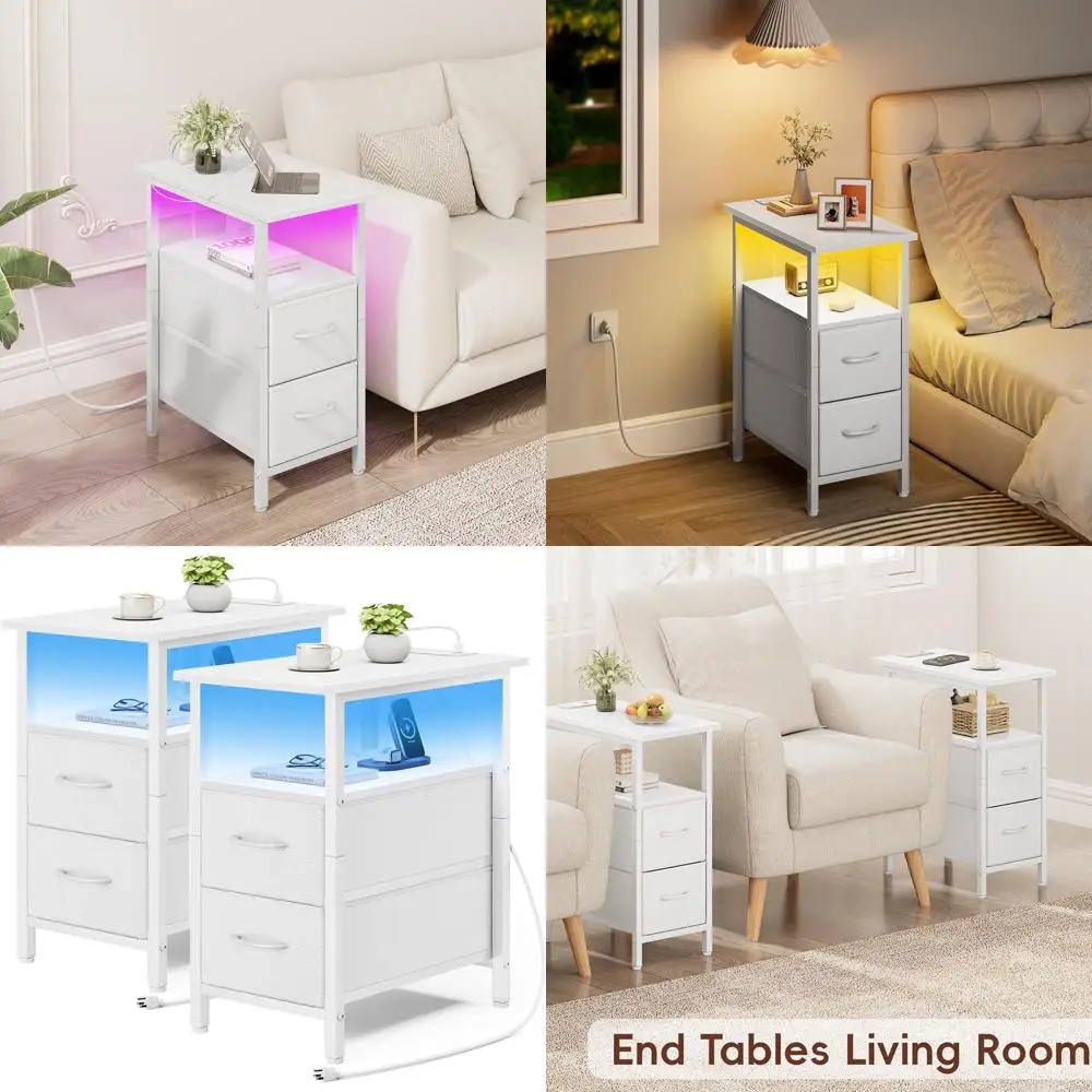 

White Nightstand with Charging and LED Lights, Slim Side Table, Fabric Drawers, Small End Table for Bedroom