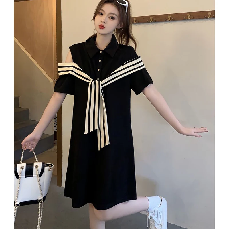 Fashion Lapel Striped Lace Up Off Shoulder Casual Dresses Female Clothing 2024 Summer New Loose All-match Short Sleeve Dress