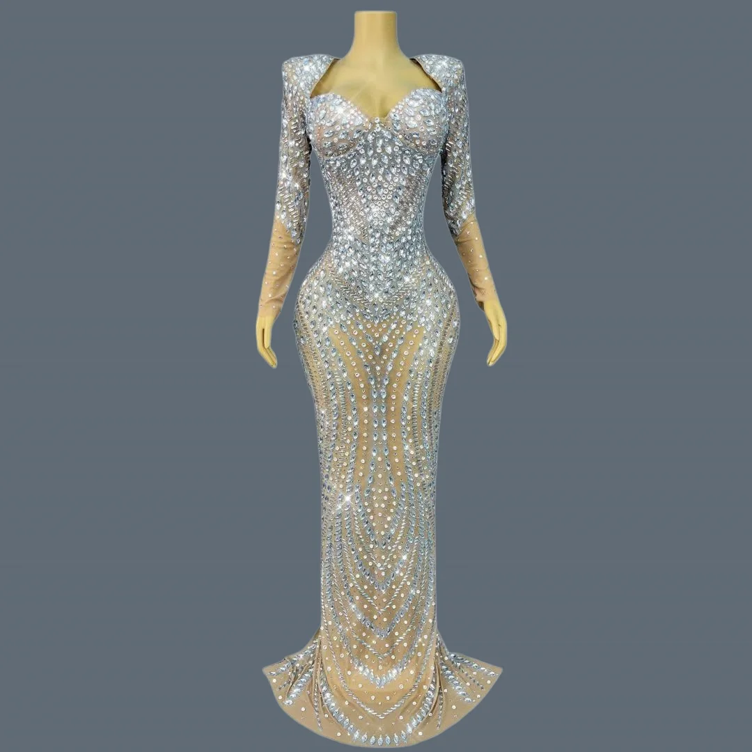 

Women Sparkly Rhinestone Mesh See Through Bodycon Evening Dress Birthday Party Sexy Gown Nightclub Bar Stage Costume Tengcaiyun
