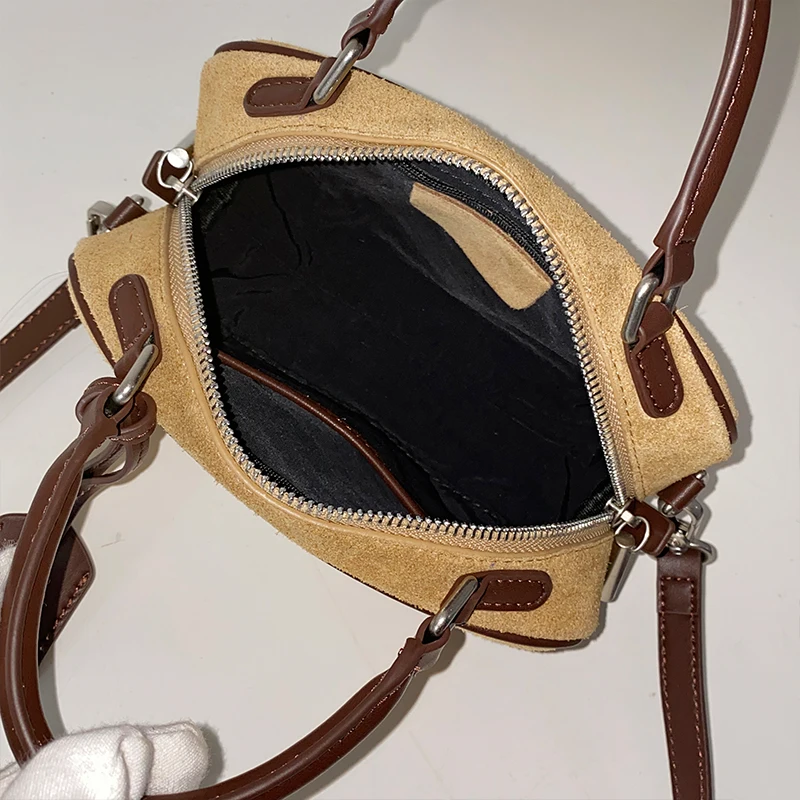 Women's Natural Suede Leather Mini Boston Handbag Luxury Designer Matte Nubuck Contrast Leather Trim Top Handle Crossbody Bag