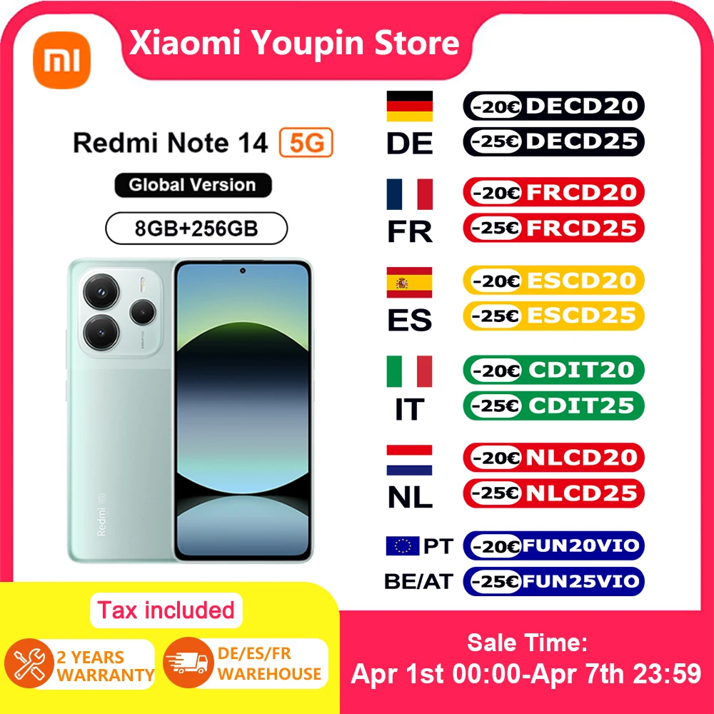 Versión Global Xiaomi Redmi Note 14 5G Smartphone 5G MTK Dimensity 7025-Ultra Cámara de 108MP 5110mAh Carga Turbo de 45W NFC