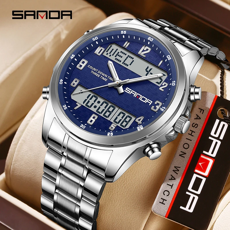 SANDA 9119 العرض المزدوج حزام ناقل من الفولاذ ساعة رجالية حركة مزدوجة متعددة الوظائف توقيت ضوء الليل ساعة تنبيه 5ATM مقاوم للماء