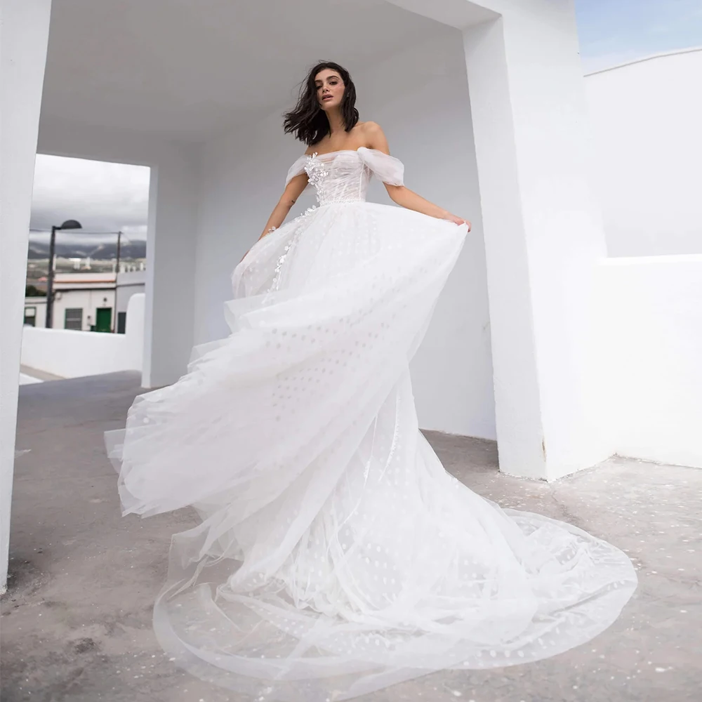 Customized Beach Princess Wedding Dress Off Shoulder A-Line Sweep Train Point Net Bridal Gown Robe De Mariage Floor Length Woman
