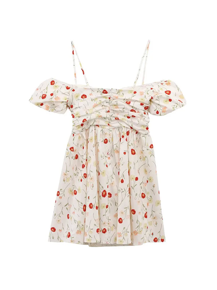 여름 신상 여성 패션 슬리밍 스트랩리스 드레이핑 드레스 하이웨이스트 버블 소매 플로럴 프린트 A라인 스커트 드레스