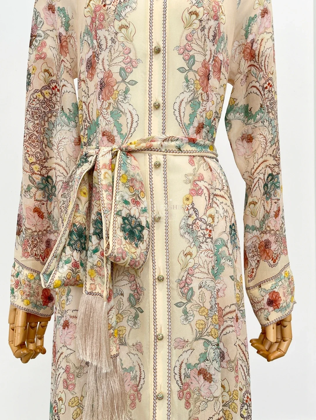 فساتين نسائية حرير كتان 2025 ماكسي جديد أنيق بيج بطبعة زهور وأكمام طويلة #6