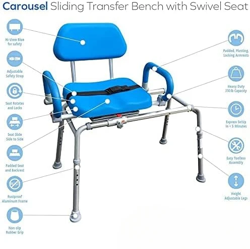 Sliding Shower Chair Tub Transfer Bench with Swivel Seat, Premium Padded, Pivoting Arms, Adjustable Space Saving Design