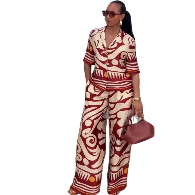 レディースパンツセット プリント柄 ツーピースシャツ シングルブレスト ターンダウンカラーシャツ ハイウエストパンツ カジュアル エレガント 夏 2025