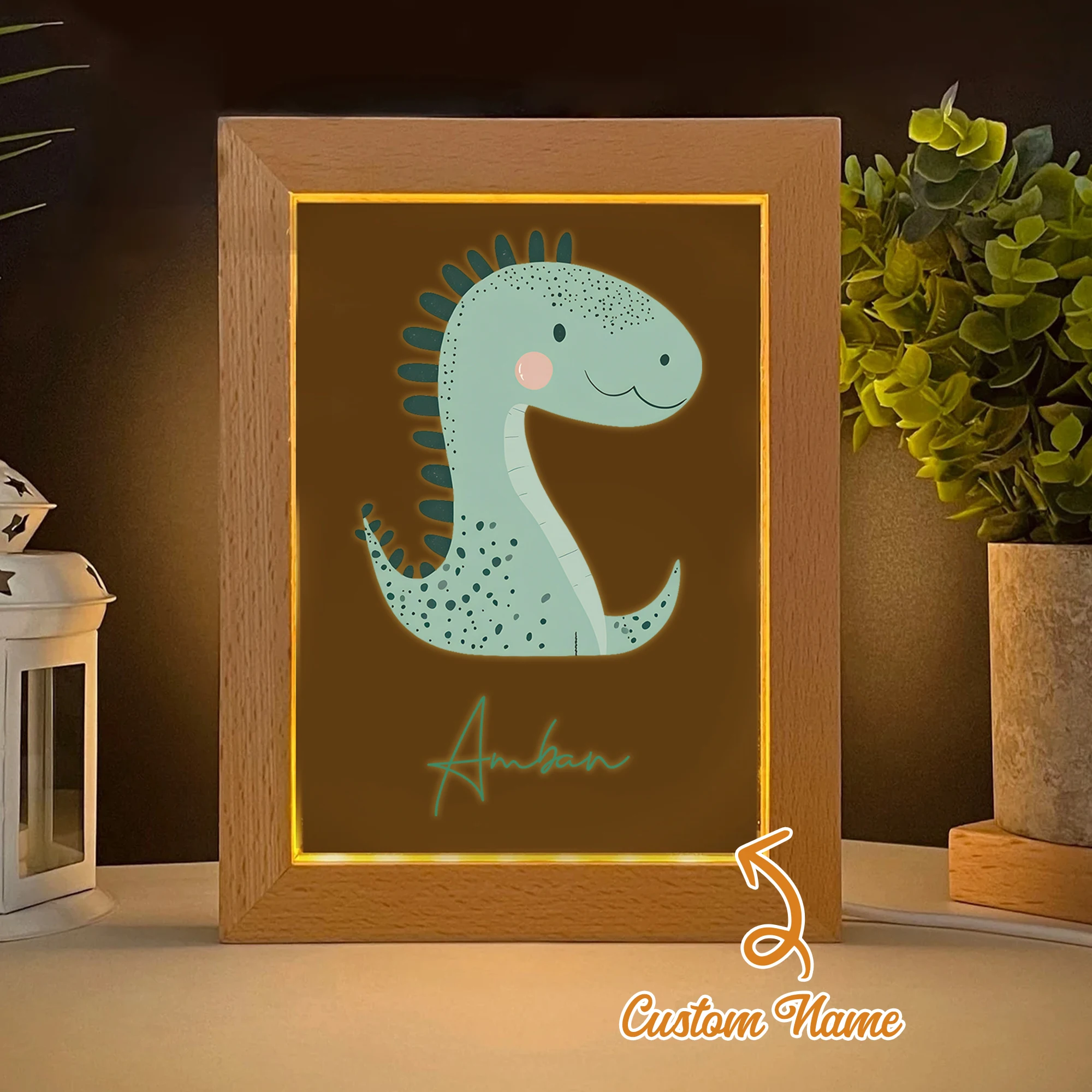 

2D Flat Custom Name Little Dinosaur LED Acrylic Night Light Wood Photo Frame 21x17cm Cartoon Children's Bedroom Gifts Home Decor