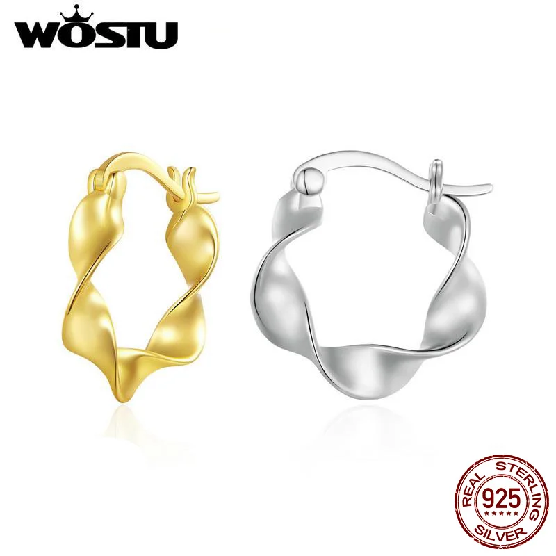 WOSTU 925 Sterling Silver Twist Hoop Earrings For Women 18K Gold High Gloss Euro Geometric Statement Earring Party Jewelry Gift