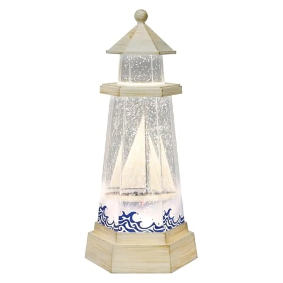 Lighthouse Water Spinner Coastal Acrylic LED Light-Up Decoration with Moving Glitter Battery Operated Nautical Tabletop Lamp 3x
