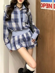 Autumn Harajuku Fashion 2000s Women Suit Preppy Plaid Gyaru Y2k Outfits New 2 Piece Set Long Sleeve Shirts + Mini Ruffle Skirt