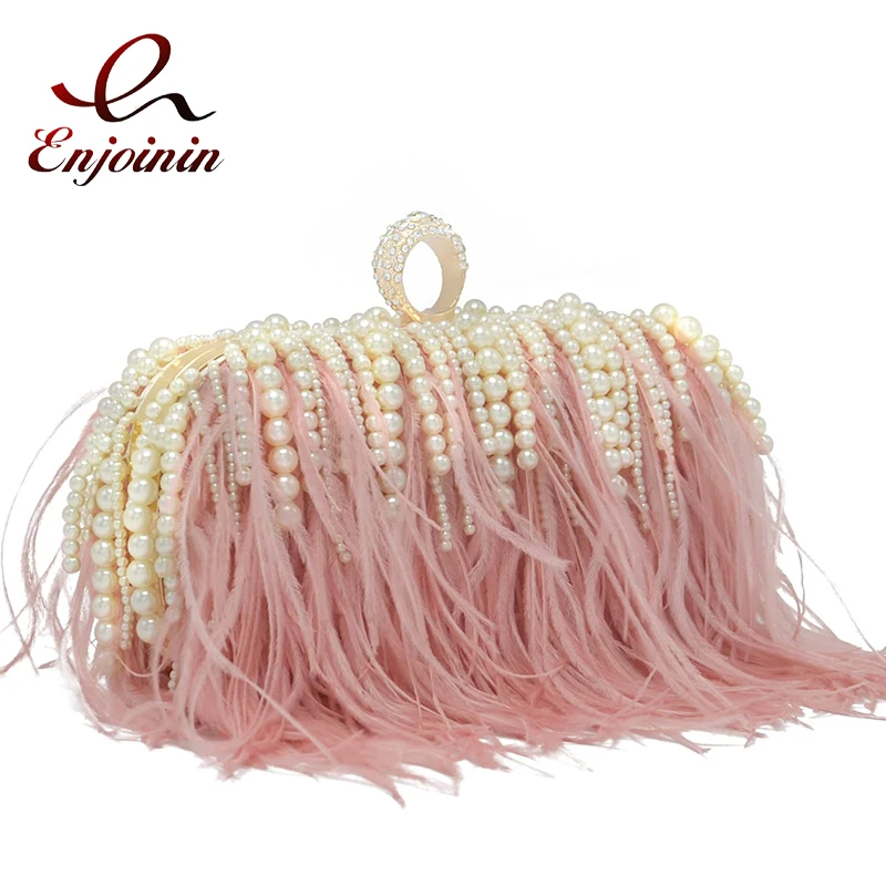 

Luxury Ostrich Feather Pink Party Clutch Bag Pearl Tassel Women Purses and Handbags Wedding Designer Bag Shoulder Chain Bag New