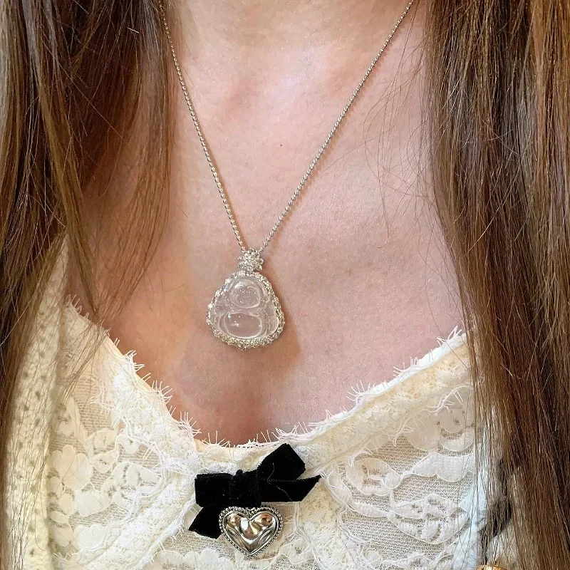 Classic transparent natural ice chalcedony Buddha necklace light luxury inlaid diamonds collar chain wedding jewelry