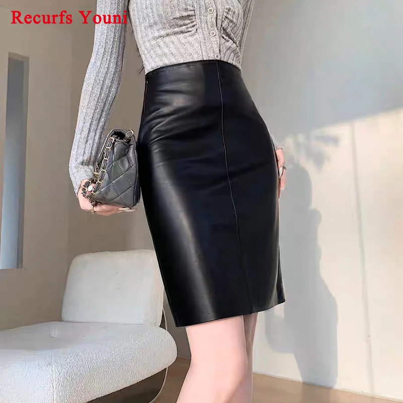 

Leather Tight Skirt For Women Genuine Sheepskin X-Shape Bodycon Midi Jupe Mujer Black Pencil Slim Saia Feminina OL Skort Clothes