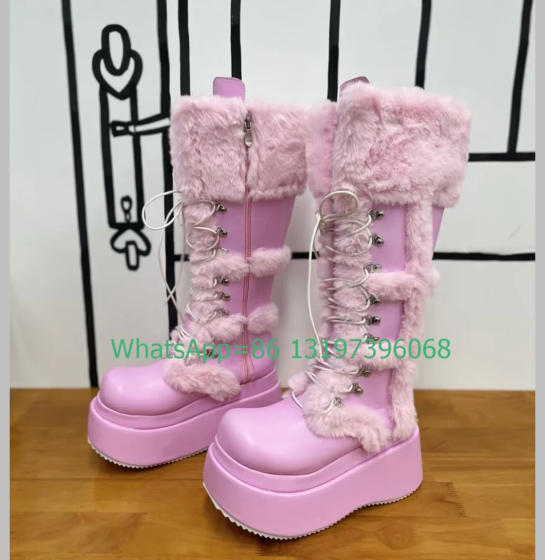 Senhora plataforma de pele rosa mary janes botas de joelho rendas lado zip botas de pele quente inverno chegam novas botas de corrida estilo lonita