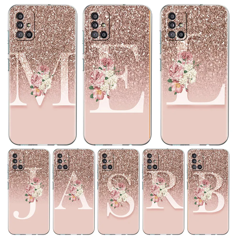 Jasne etui do Samsung Galaxy A52 A12 A51 A32 A21s A71 A32 A22 50 A70 A31 A72 5G telefon list motywacyjny różowy błyszczący M R