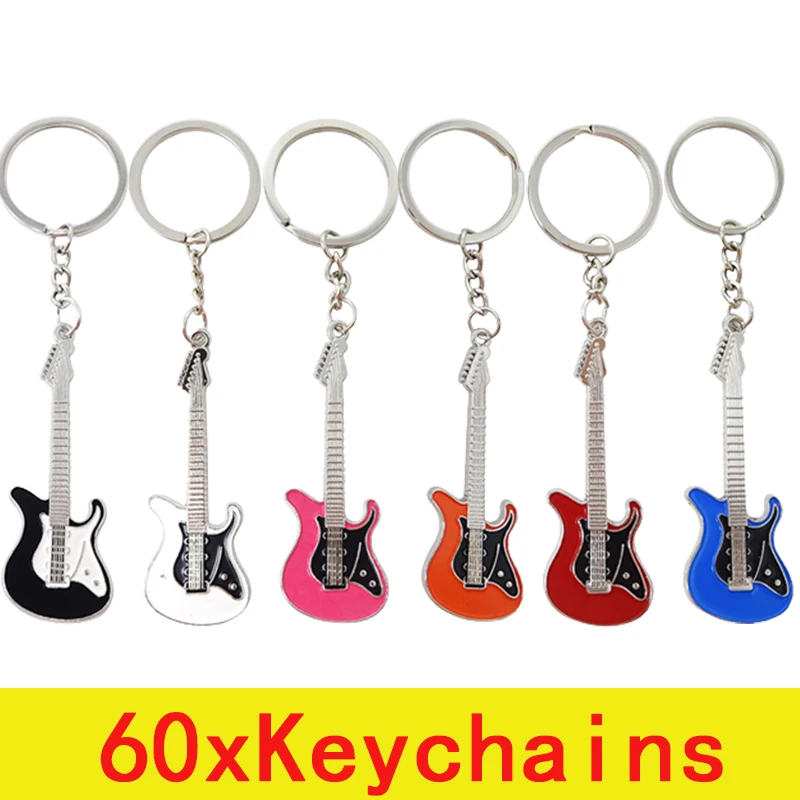 60Pcs Guitar Key Chain Metal 6 Colour KeyChain Cute Musical Car Key Ring Silver Color Pendant For Man Women Party Gift