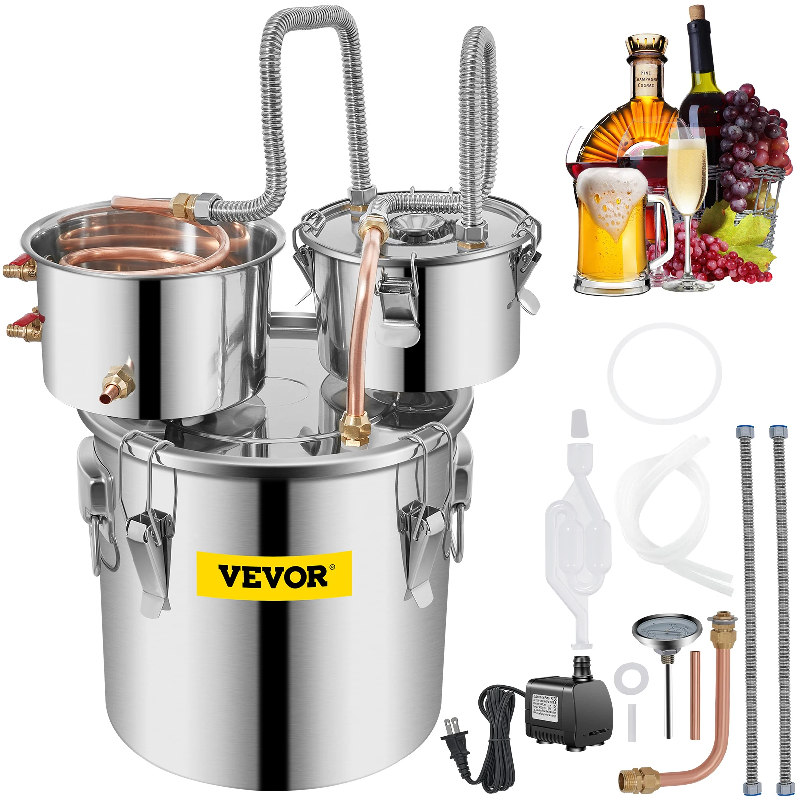 VEVOR 3/5/8/13.2 Gal Alcohol Brewing Distiller DIY Moonshine Apparatus Stainless Steel Still Whisky Beer Brandy Home Appliance