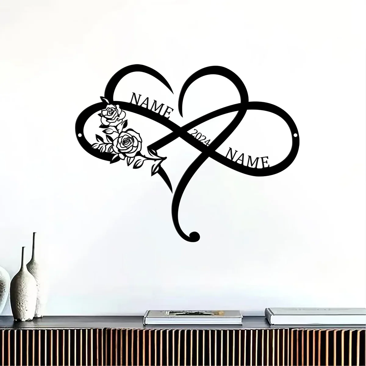 Custom Personalized Infinity Sign Infinity Heart Laser Cut Roses Metal Floral Sign Custom Couple Names Love Sign Wall