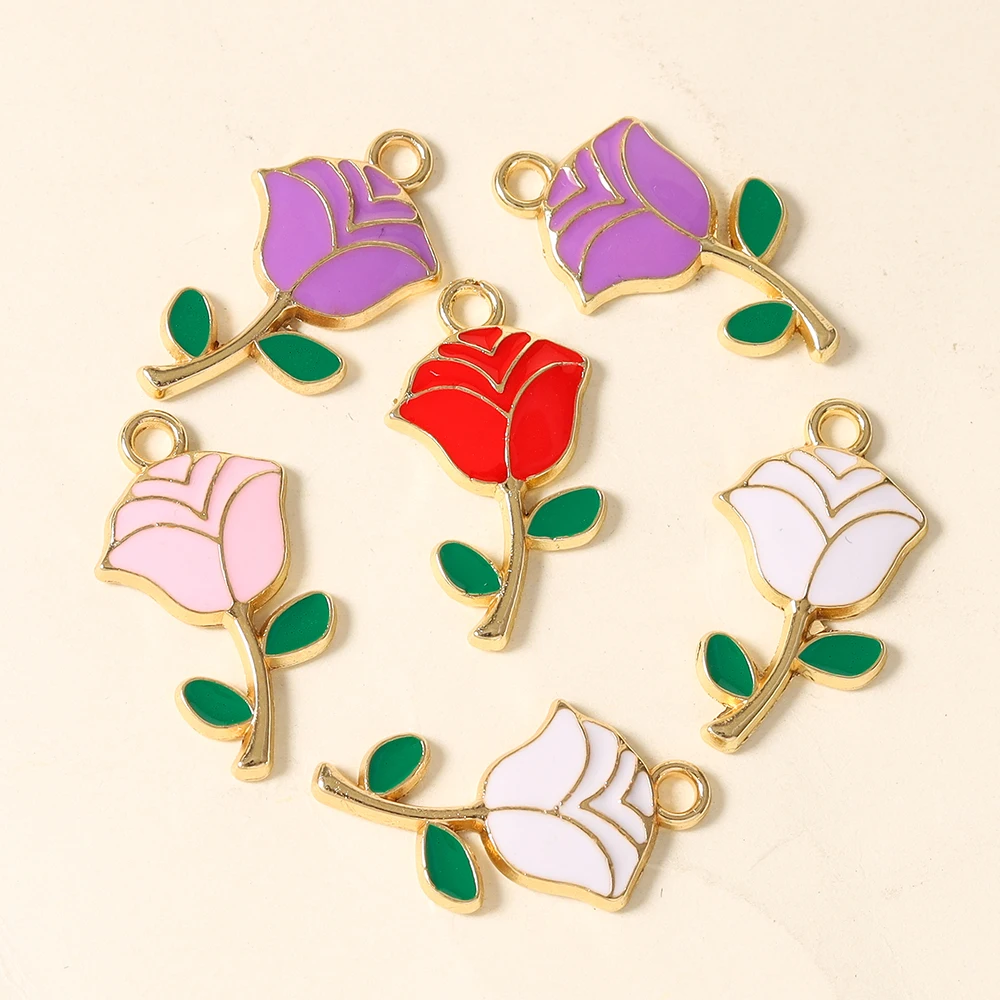 20 Stück Niedliche Legierungs-Emaille-Rosenblüten-Anhänger für DIY Niedliche Ohrringe, Armbänder, Schlüsselanhänger und Armbandherstellung
