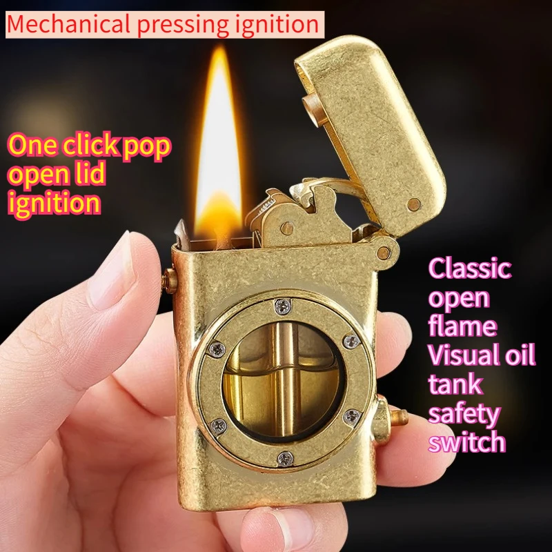 

New Retro Windproof Metal Lighter with Convenient Pop-up Ignition Transparent Compartment Safety Switch Men's Gift