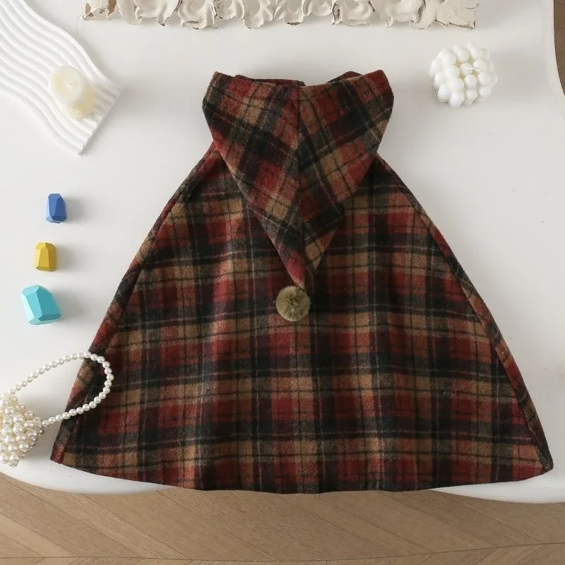 Girls Plaid Cape Children's Coat Cute Female Treasure Foreign Cape Warm Winter Woolen Coat Children's Clothing Baby