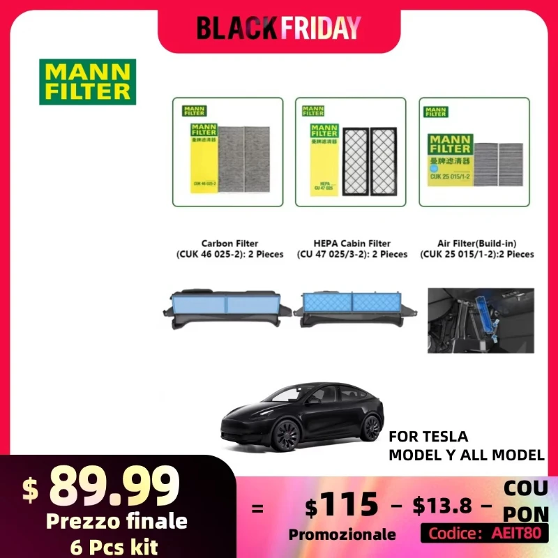 For Tesla Model Y Model 3 EV HEPA Carbon Cabin Filter Kit MANN FILTER CUK25015/21-2 CUK46025/1-2 CU47025/3-2 Build-in Air Filter