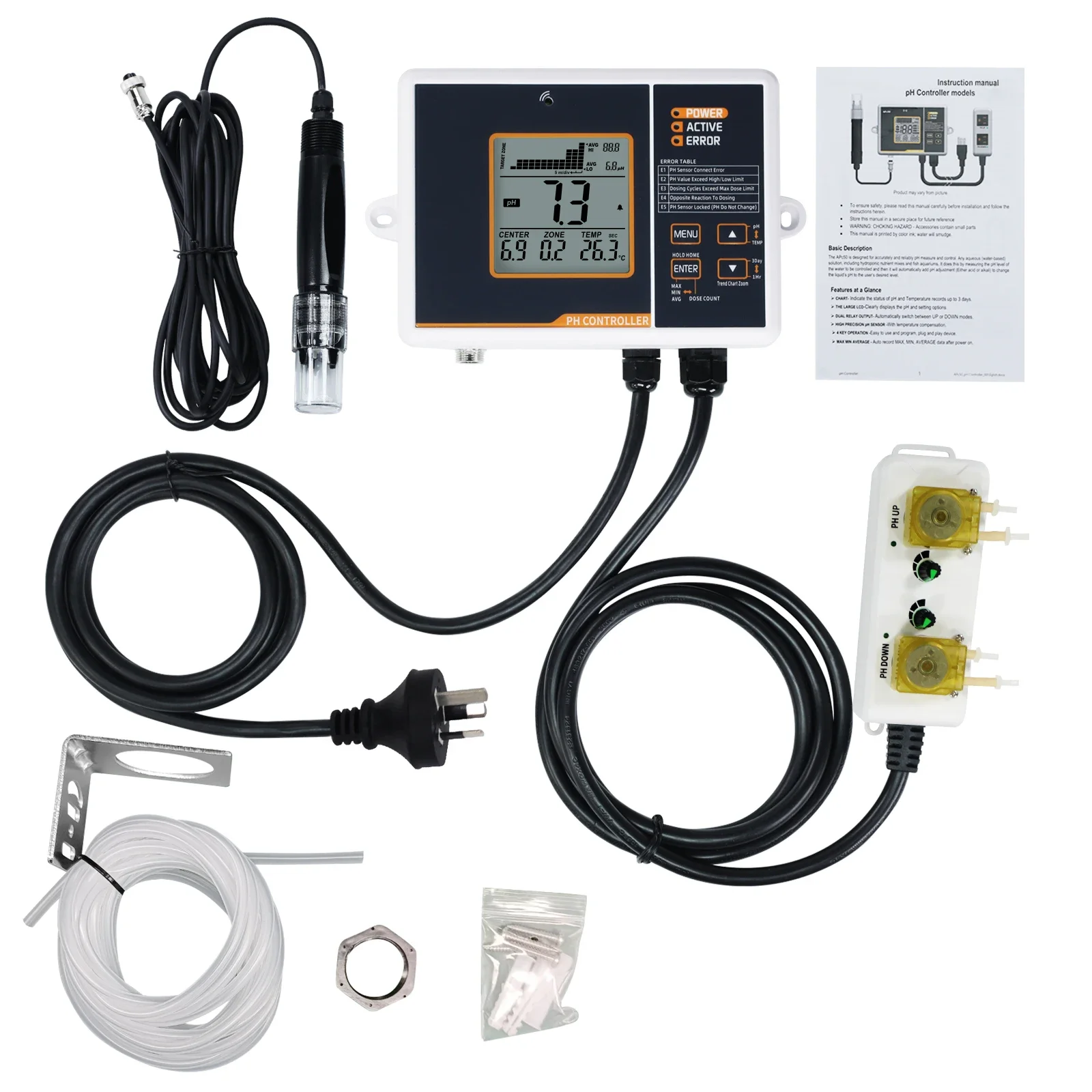 PHC-402 pH Meter Controller W/ Temperature Readings Dual Relay Function for Hydroponic Nutrient Mixes & Fish Aquariums