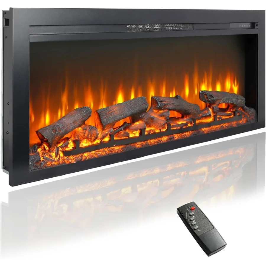44 Electric Fireplace Insert with Realistic Flame Resin Logs Adjustable Flame Brightness Thermostat Fireplace Heater with Remot