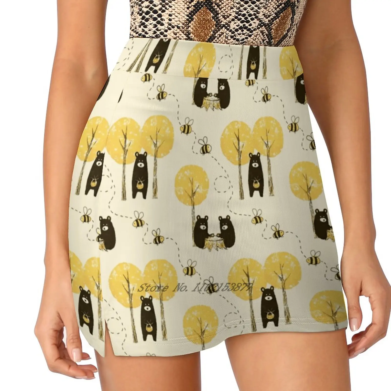 Bear Necessities Women Sports Skirt Tennis Golf Dance Fitness Running Yoga Skirts Picnic Cute Bear Animal Fun Kids Yellow Trees