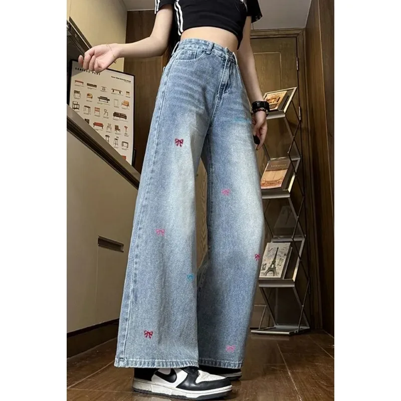 

Women's High Waist Wide Leg Jeans with Colorful Bow Embroidery Vintage Washed Denim Trousers