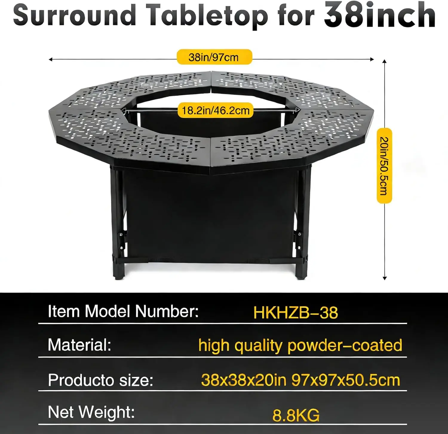Outdoor 40-inch Fire Pit Surround Tabletop for Wood Burning Fire Pits, Coated Metal with 360° Safety Barrier